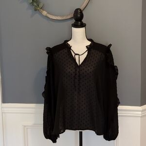 NWOT Express Black Metallic Clip Dot Ruffle Balloon Sleeve Blouse Size: S